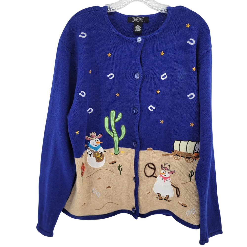 VTG 1990s XL Blue Western Snowman Cowboy Cactus Christmas Cardigan Sweater